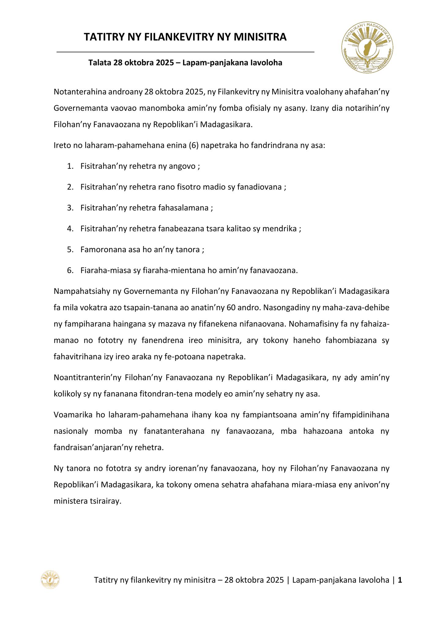 Tatitry ny Filankevitry ny Minisitra natao teny amin'ny Lapam-panjakana Iavoloha anio 28 Oktobra 2025