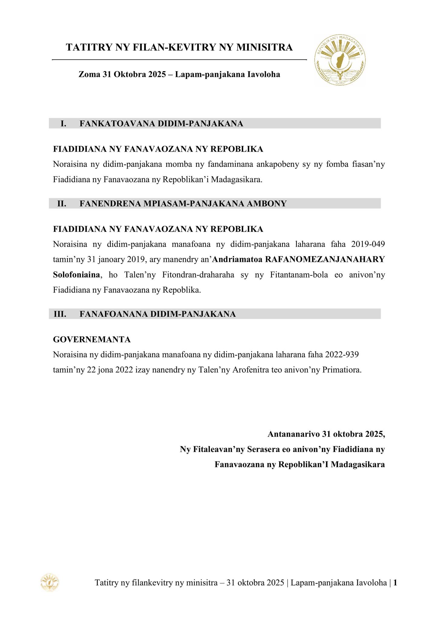 Tatitry ny Filankevitry ny Minisitra natao tao amin'ny Lapam-panjakana Iavoloha anio 31 Oktobra 2025
